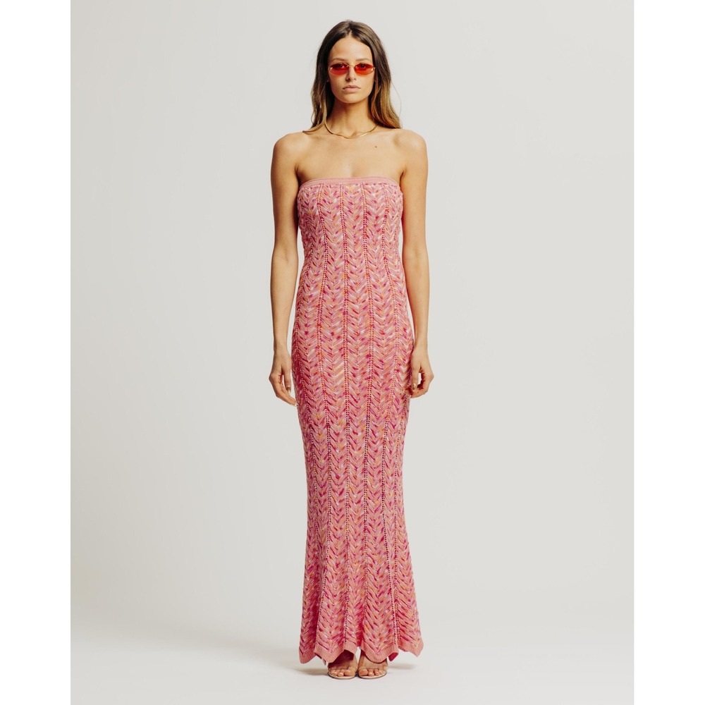 Torn by Ronny Kobo Tasha Dress Knit Strapless Maxi Crochet Size M Pink NEW